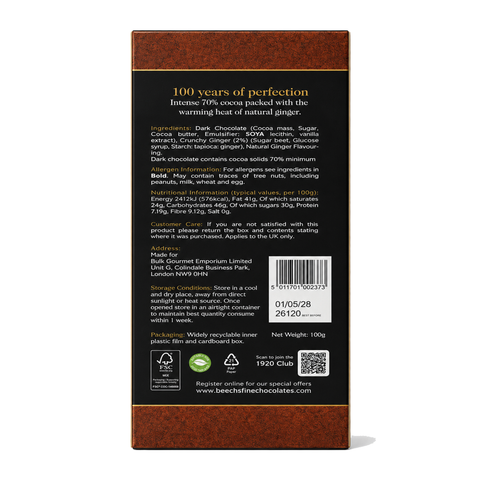 Beech's 100g Single Origin Colombian 70% Dark Chocolate Ginger Bar (100g)