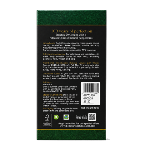 Beech's 100g Single Origin Colombian 70% Dark Chocolate Peppermint Bar (100g)