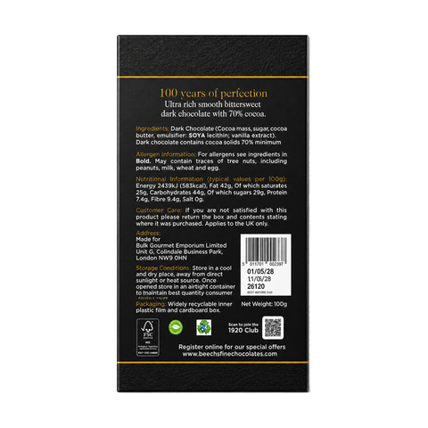 Beech's 100g Single Origin Colombian 70% Dark Chocolate Bar (100g)