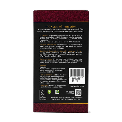 Beech's 100g Single Origin Colombian 70% Dark Chocolate Rum & Raisin Bar (100g)